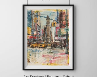 Arte mural de la ciudad de Nueva York, boceto en acuarela, impresión urbana vibrante, póster de decoración urbana colorida, arte para sala de estar y dormitorio.