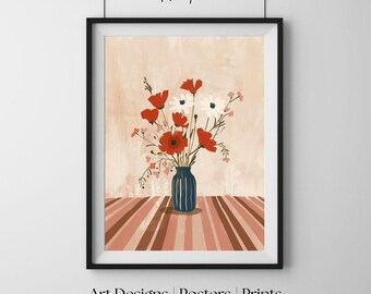 Czerwone maki i białe stokrotki, nowoczesna minimalistyczna sztuka ścienna, vintage'owy wydruk artystyczny z motywem kwiatowym, plakat do salonu