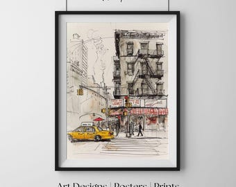 Arte mural de la ciudad de Nueva York, impresión de arte mural, póster de arte mural, boceto de esquina, taxi amarillo, tinta y acuarela