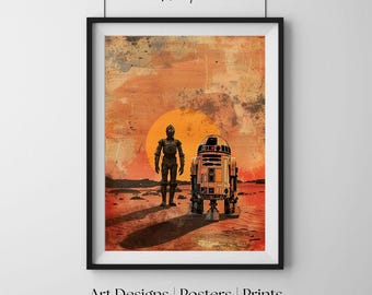 Robots Desert Sunset, Vintage Sci Fi, Retro Wall Art Print, Living Room Decor Poster, Gallery Wall Art