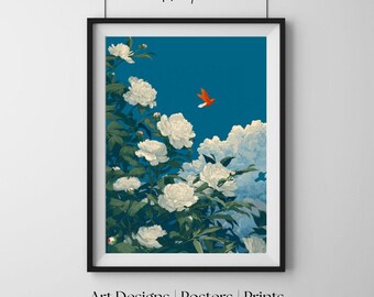 Karmazynowy lot nad kwiatami, japoński styl drzeworytniczy, elegancka sztuka ścienna, ponadczasowy wydruk artystyczny, plakat dekoracyjny