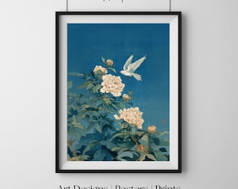 Biała gołębica i kwiaty piwonii, japoński styl drzeworytu, elegancka sztuka ścienna, wyrafinowany wydruk artystyczny, ponadczasowy plakat dekoracyjny