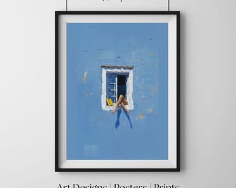 Czytnik okienny w słońcu, minimalistyczna sztuka nowoczesna, spokojny wydruk ścienny, plakat dekoracyjny do salonu i sypialni