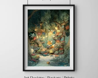 Lis czytający w zaczarowanym lesie, fantazyjna ścienna książka z opowiadaniami, przytulny wydruk artystyczny w stylu cottagecore, plakat do pokoju dziecięcego