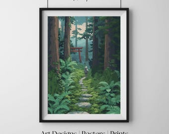 Japanese Forest Path, Anime Style Wall Art Print, Zen Nature Decor Poster, Japanese Landscape Artwork, Vintage Print