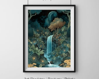 Mistyczny wodospad „Nocny Upadek”, zaczarowany ogród japoński, niebiańska sztuka ścienna, oniryczny wydruk artystyczny, plakat do sypialni i salonu
