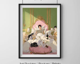 Elegancka kobieta ze zwierzętami, glamour w stylu vintage, szykowny wydruk ścienny, plakat do sypialni, galeria sztuki ściennej