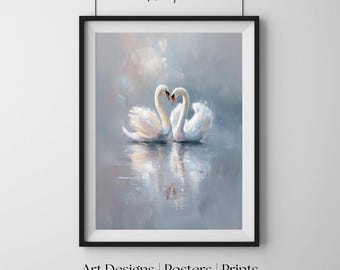 Dwa zakochane łabędzie, impresjonistyczny obraz olejny, romantyczna sztuka ścienna, elegancki wydruk artystyczny, ponadczasowy plakat dekoracyjny