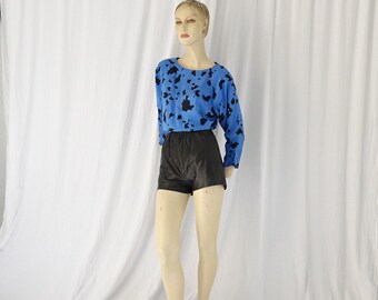 raglan abstract cow print blue black satiny blouse vintage 1980s