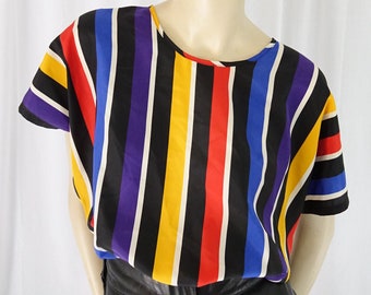 satin black red yellow blue black white striped top vintage 1980s