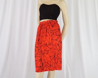 abstract leaf floral red skirt vintage 1980s