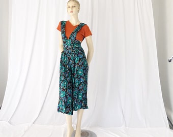 Jumpsuit Pinafore Romper teal floral high waist vintage 1980s