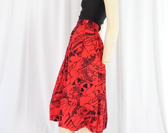 soft rayon abstract print red black skirt vintage 1980s Carol Anderson