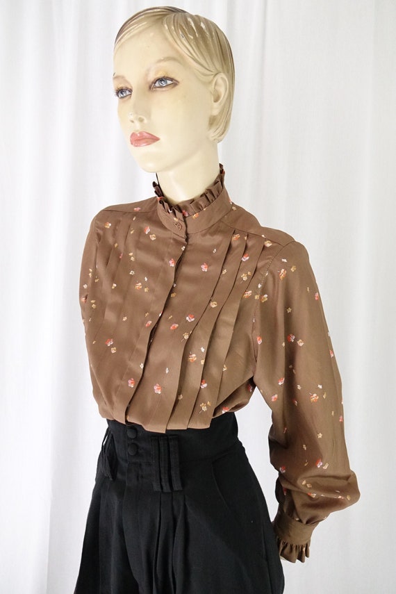 mocha orange floral tucks blouse ruffle collar cuf