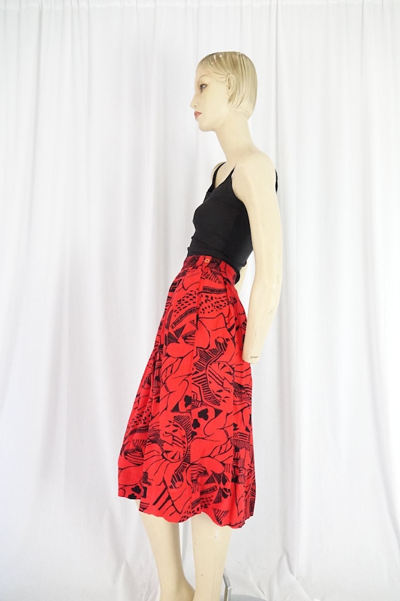 soft rayon abstract print red black skirt vintage… - image 1