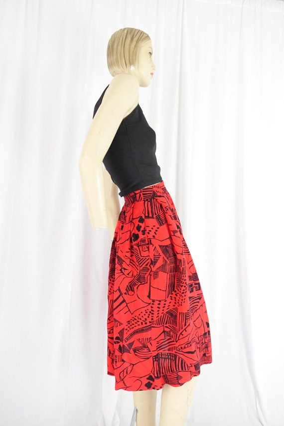 soft rayon abstract print red black skirt vintage… - image 5