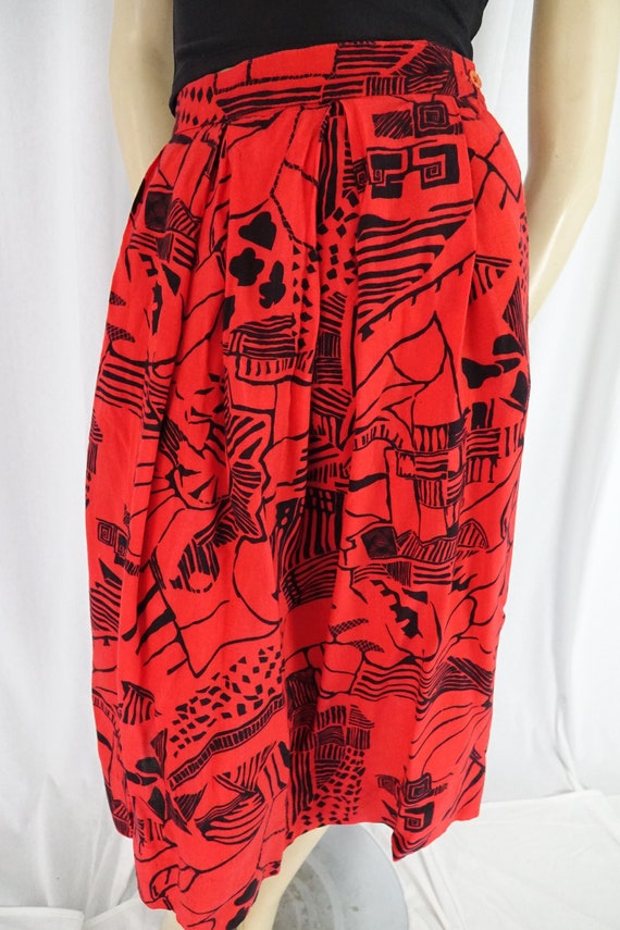 soft rayon abstract print red black skirt vintage… - image 4