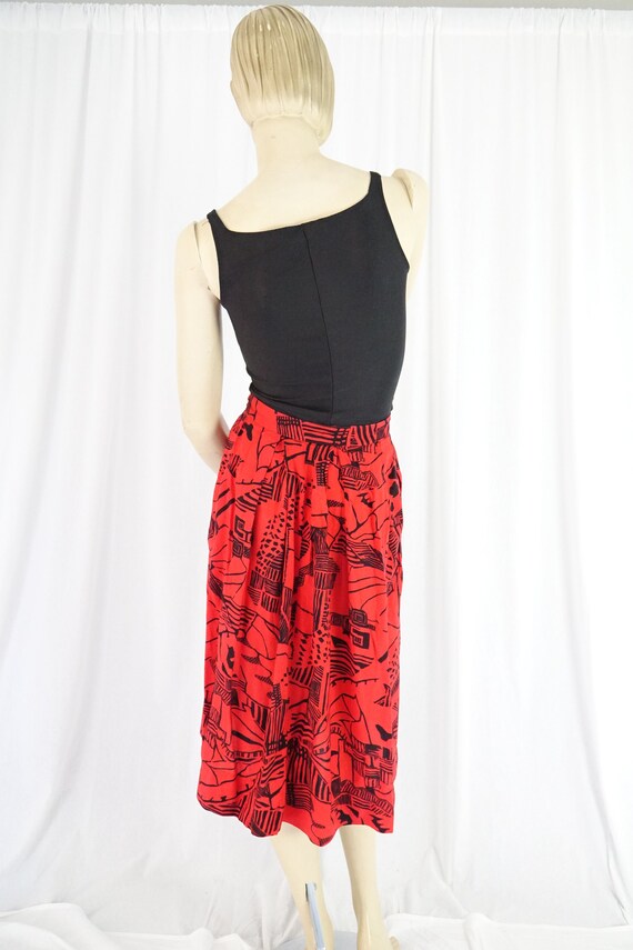 soft rayon abstract print red black skirt vintage… - image 6