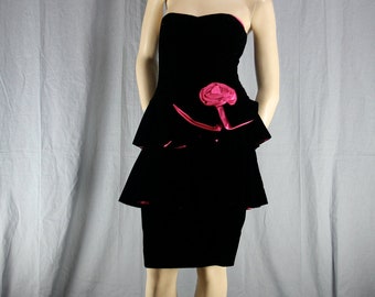 sweetheart tiered ruffle prom dress velvet black fucshia rose 80s