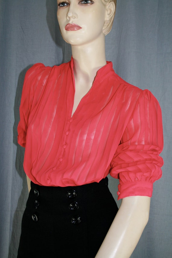 hot pink almost neon semi sheer striped blouse - image 2