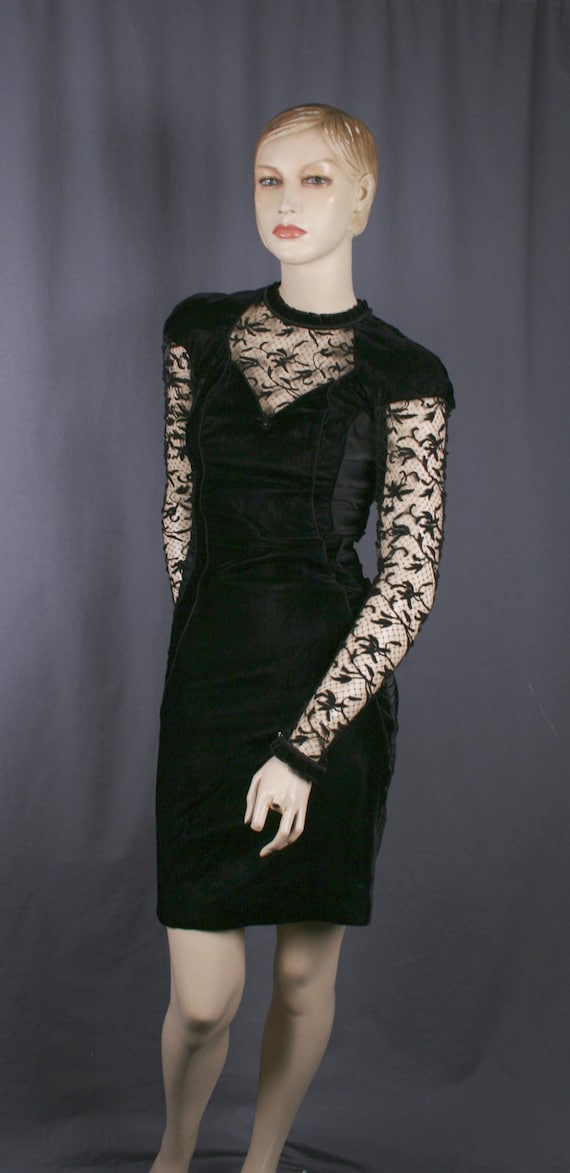 Vintage 1980's black velvet lace bodycon dress
