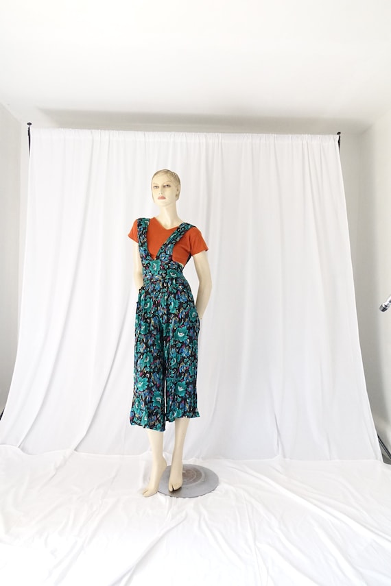 Jumpsuit Pinafore Romper teal floral high waist vi