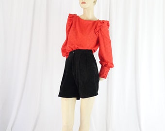 textured crepe metallic grid ruffle puff sleeve vintage 1980s red blouse