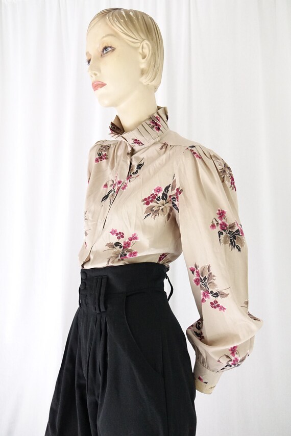 khaki wine floral blouse pleated collar vintage 19