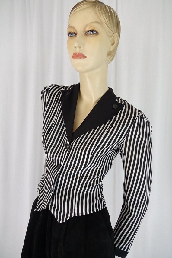 black white striped tux blouse vintage 1980s - image 1