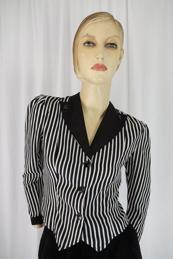 black white striped tux blouse vintage 1980s - image 4