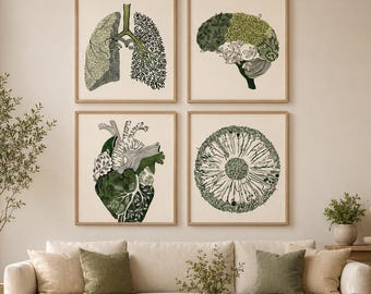 Abstract Medical Anatomy Wall Art Prints, Green Heart Lung Eye Posters, Nordic Clinic Decor, Healthcare Office Canvas Art