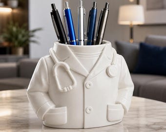 Creative Whitewashed Desk Pen Holder with Stethoscope Decor, Medical Office Organizer, Doctor Desk Accessories Gift