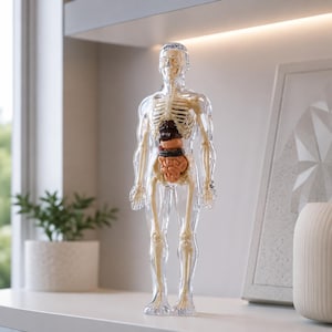 May include: A clear plastic anatomical model of a human body featuring a visible beige skeleton and internal organs in shades of brown, orange, and pink. The figure stands upright, displaying the rib cage, spine, and abdominal organs clearly.