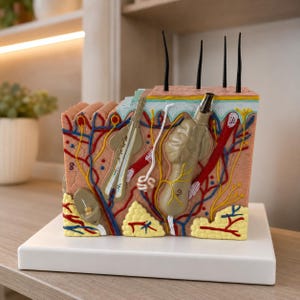 May include: An anatomical model of human skin cross-section featuring layers of epidermis, dermis, and subcutaneous tissue. The model displays hair follicles, sweat glands, blood vessels, and nerve endings in various colours including red, blue, and yellow.