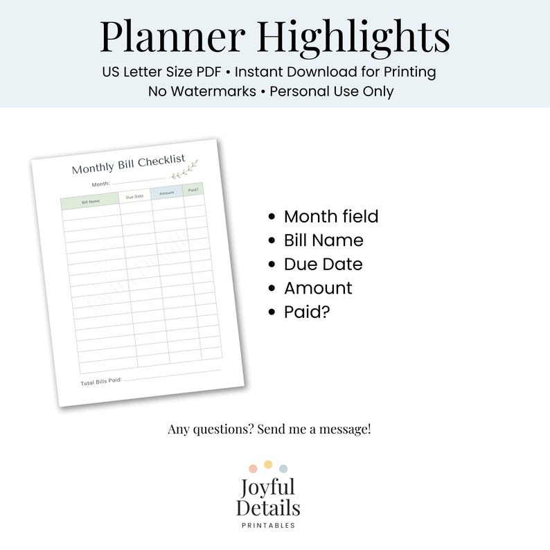 Monthly Bill Checklist Printable | Simple Budget Tracker Finance ...