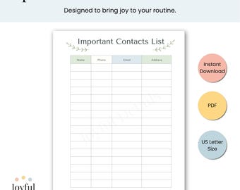 Important Contacts List Printable | Green Leaves Theme Emergency Info Sheet, Household Organization Template, Instant Download, PDF Planner