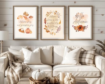 Autumn Fall Printable Wall Art Set of 3: Farmhouse Quote Prints, Home Decor for Cozy Seasonal Gallery Wall, Digital Download JPG