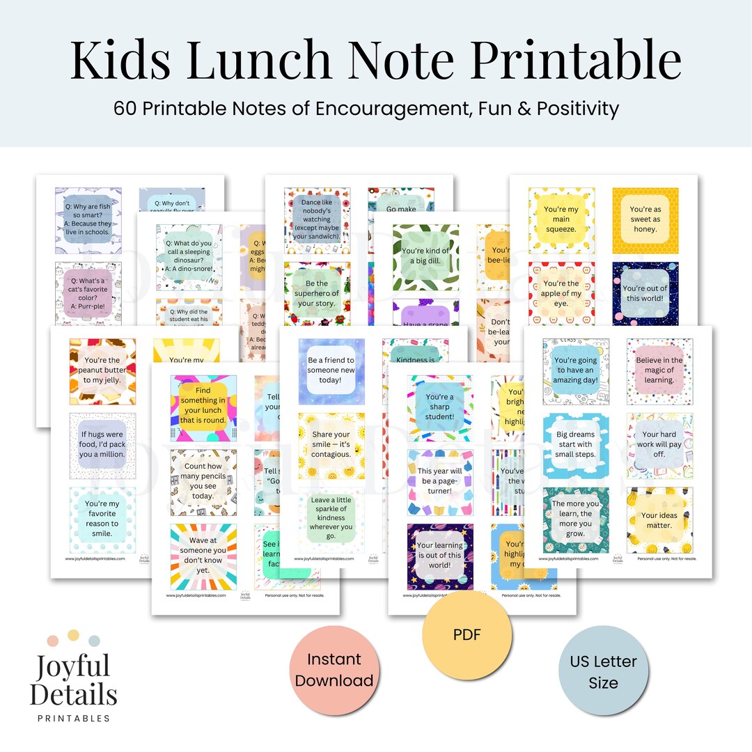 Kids Lunch Note Printable | 60 Encouraging & Fun Notes for Kids ...