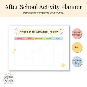 Puede incluir: Un planificador de actividades extraescolares blanco con el texto "After School Activity Planner" y "After School Activities Tracker". Incluye un horario semanal de lunes a viernes. Presenta gráficos de estrellas y círculos.