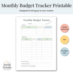 Monthly Budget Tracker Printable | Simple Budget Sheet Home Finance Planner US Letter PDF Instant Download