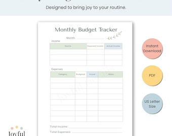 Op de afbeelding: Een afdrukbare maandelijkse budgettracker met een strak, minimalistisch ontwerp. Het document bevat secties voor inkomsten en uitgaven, met velden voor bron, verwacht inkomen, werkelijk inkomen, categorie, begroot, werkelijk en notities. De tekst "Monthly Budget Tracker Printable" staat bovenaan.