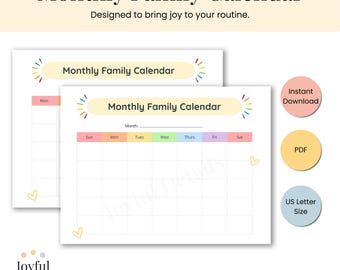 Puede incluir: Dos calendarios familiares mensuales imprimibles blancos con acentos de colores pastel. Los calendarios tienen el texto "Monthly Family Calendar" y están diseñados para alegrar tu rutina. Incluye etiquetas "Descarga instantánea", "PDF" y "Tamaño carta US".