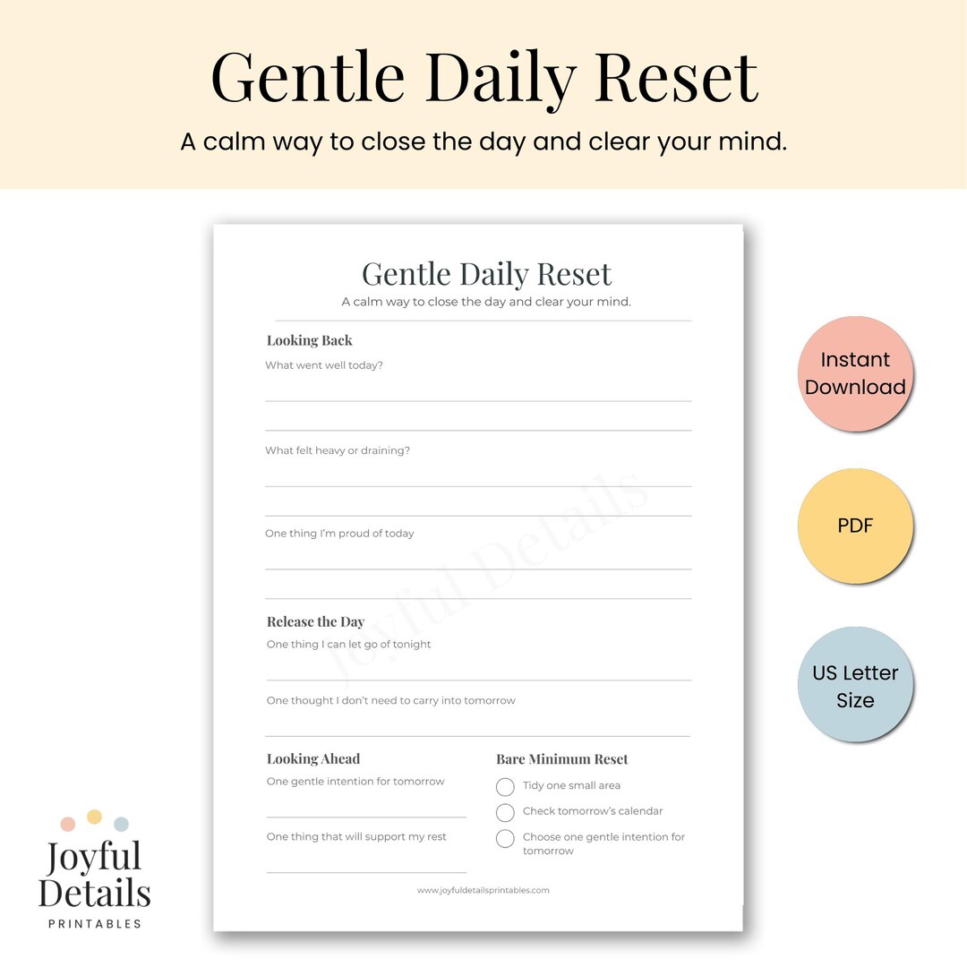 Gentle Daily Reset Printable | Calm End of Day Reflection for Busy ...