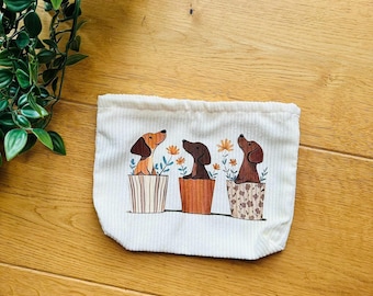 Fabric pouch with dachshund and flowerpot motif - cosmetic bag - handmade - gift idea for dachshund lovers - dachshund motif cosmetic bag