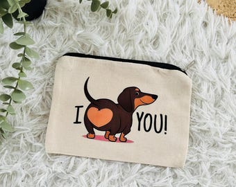 Cosmetic bag / linen bag – "I Love YOU!" with dachshund motif - fabric bag with dog motif - dachshund lover - fabric bag for dog lovers