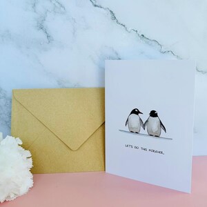 Carte d'amour pingouin faite à la main « Let's Do This Forever » – avec enveloppe en papier kraft