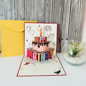 Carte d'anniversaire pop-up 3D faite à la main avec gâteau et inscription « Joyeux anniversaire » – incl. enveloppe