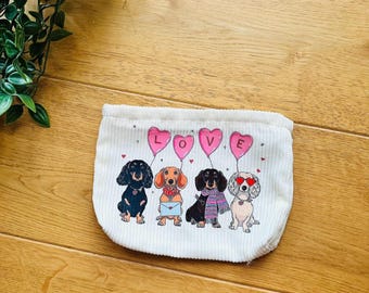 "LOVE" fabric pouch with dachshund motif - cosmetic bag - gift for dog lovers - dachshund design - gift idea for dachshund enthusiasts