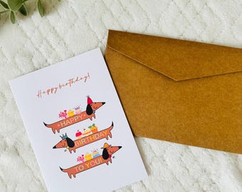 Tarjeta de cumpleaños de perro salchicha - Linda tarjeta de cumpleaños con perros y perros salchicha - Tarjeta para amantes de los perros - Perro salchicha - Cumpleaños - Con sobre