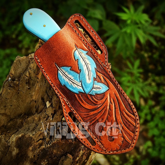 Handmade D2 Steel Bull Cutter Knife & Tooled Leather Pancake Sheath